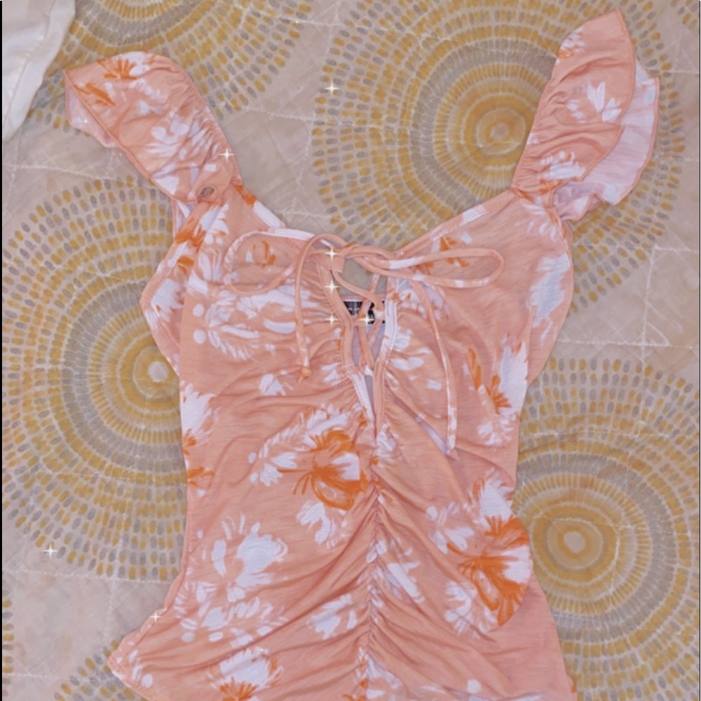 Blue Blush💗 ruffle sleeve lace up floral pink white ruched snap button bodysuit